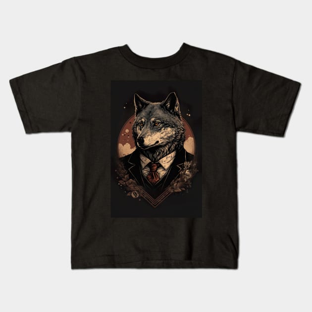 Handsome Wolf portrait wearing a suit Kids T-Shirt by KoolArtDistrict